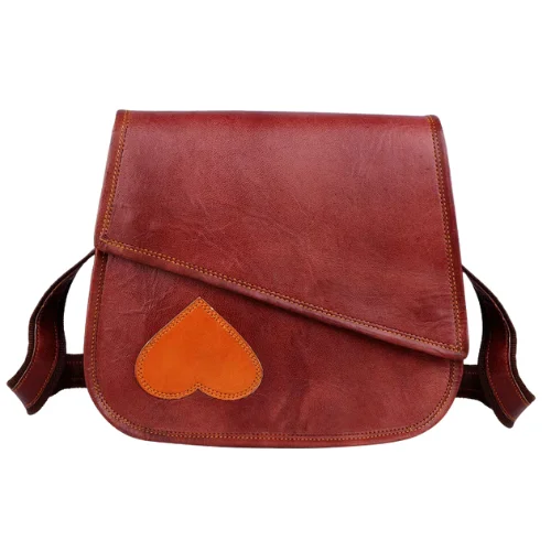Handmade Brown Leather Sling Bag with Orange Heart Patch