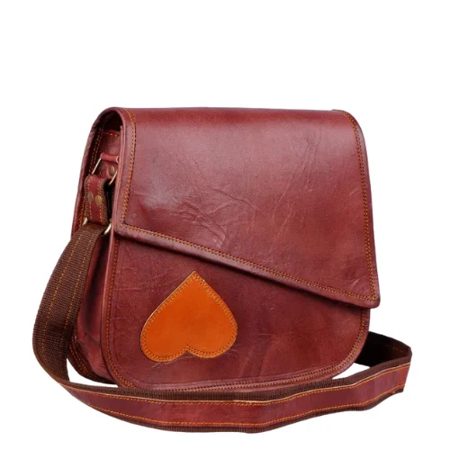 Handmade Brown Leather Sling Bag with Orange Heart Patch
