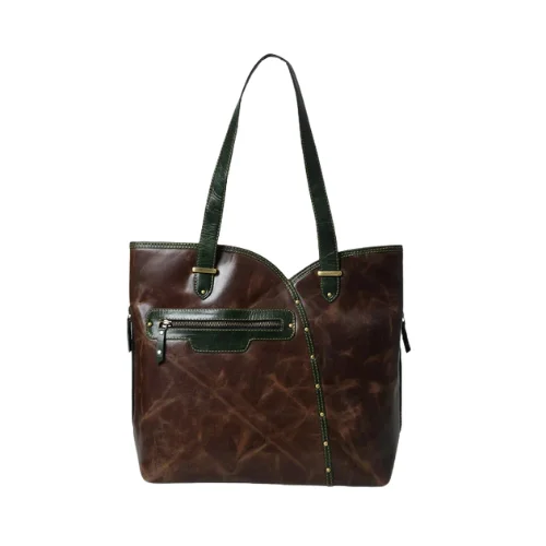 Vintage Brown & Green Leather Tote Bag