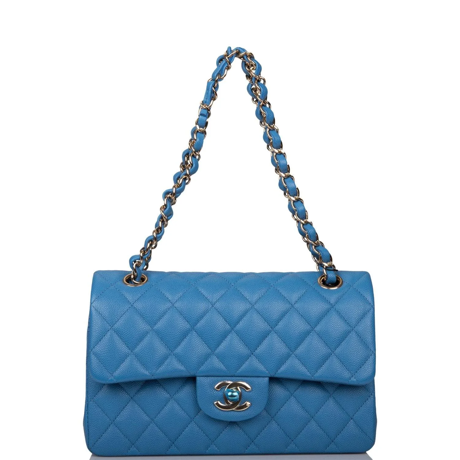 Chanel Blue Quilted Caviar Small Classic Double Flap Bag Light Gold Hardware