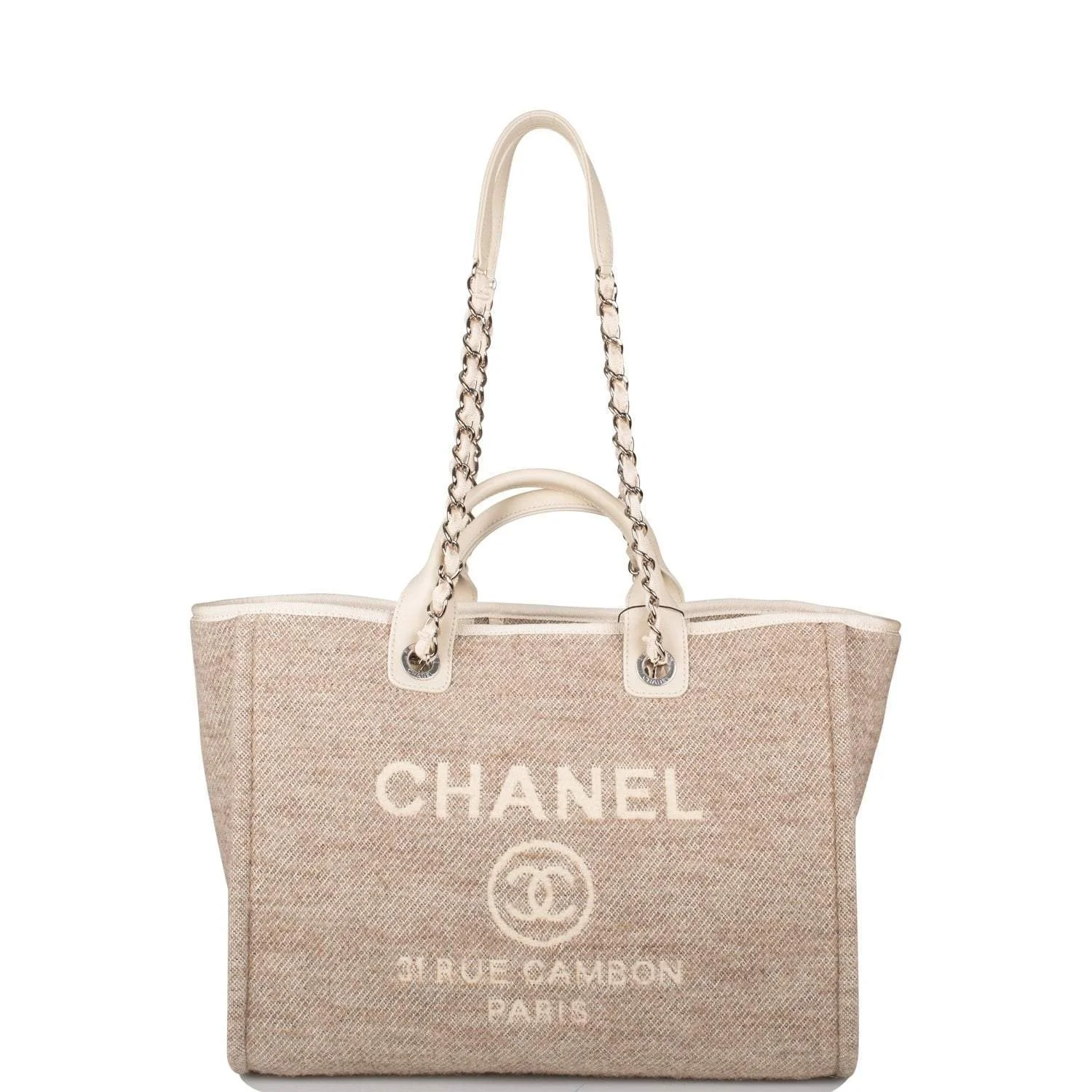 Chanel Beige Wool Large Deauville Shopping Bag Silver Hardware