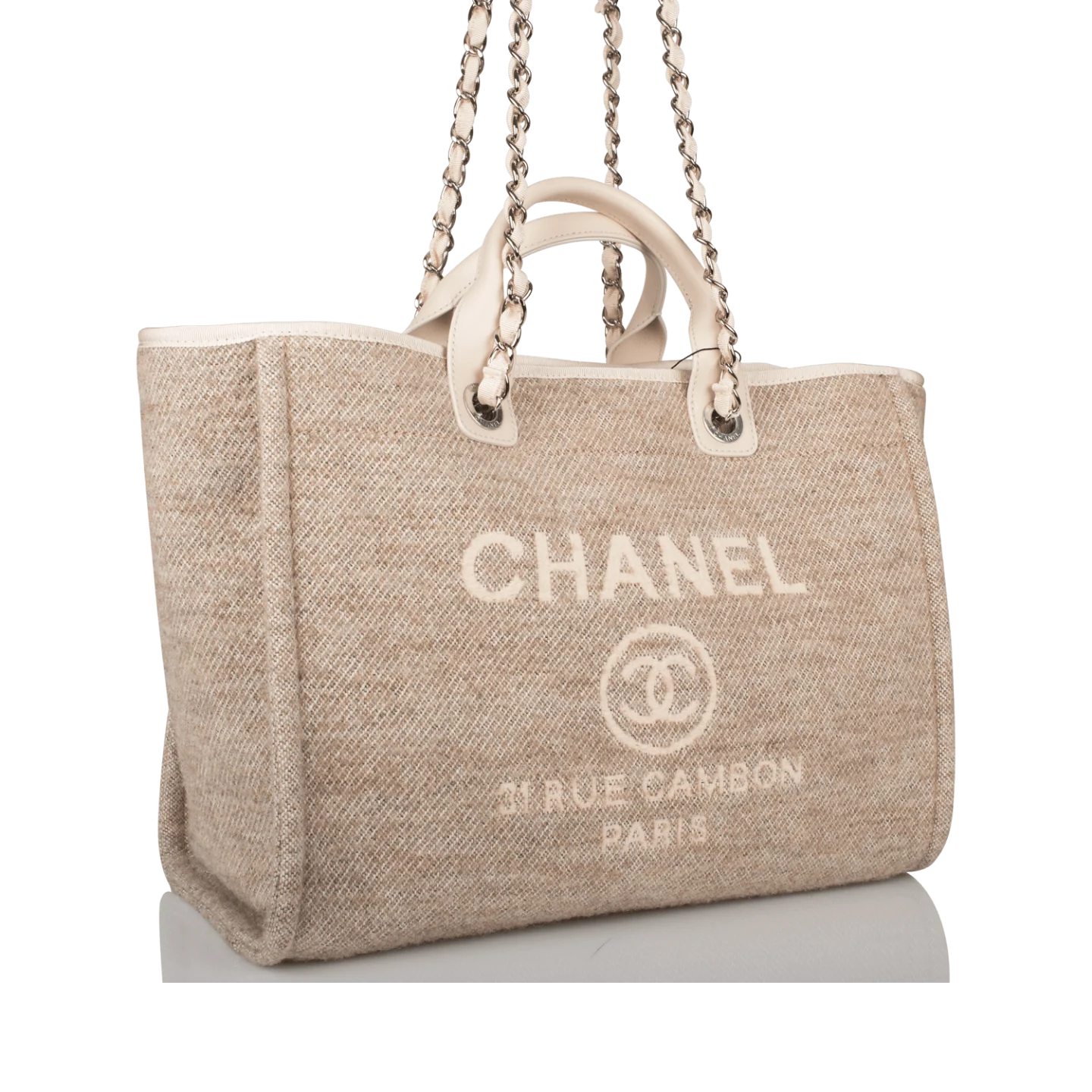 Chanel Beige Wool Large Deauville Shopping Bag Silver Hardware