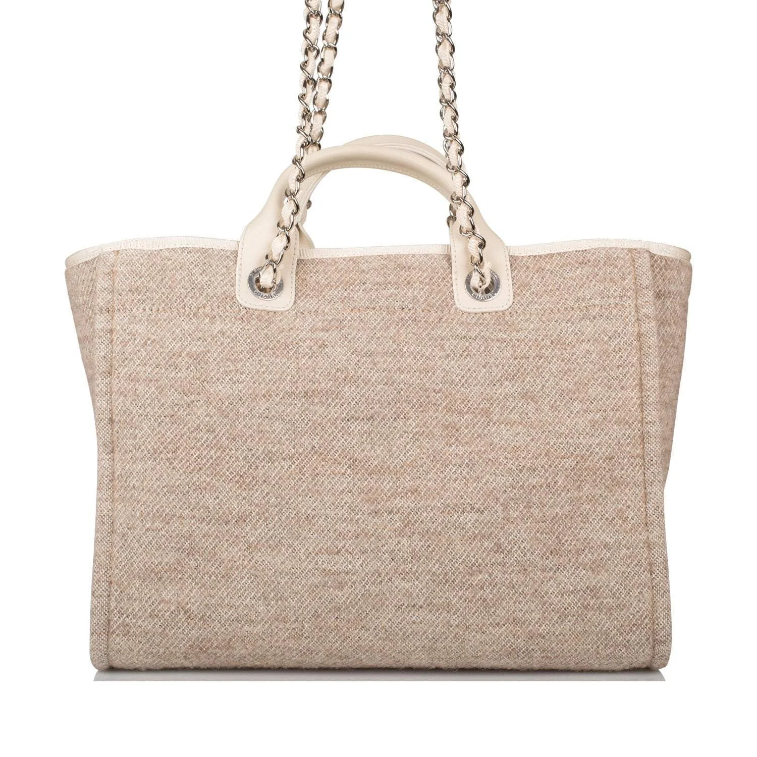 Chanel Beige Wool Large Deauville Shopping Bag Silver Hardware