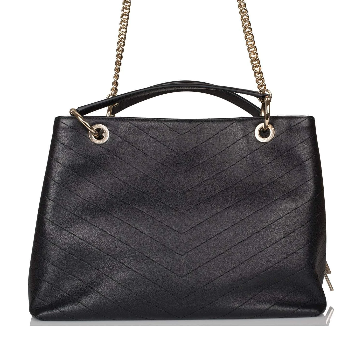 Chanel Black Calfskin Chevron Chic Tote Bag Light Gold Hardware
