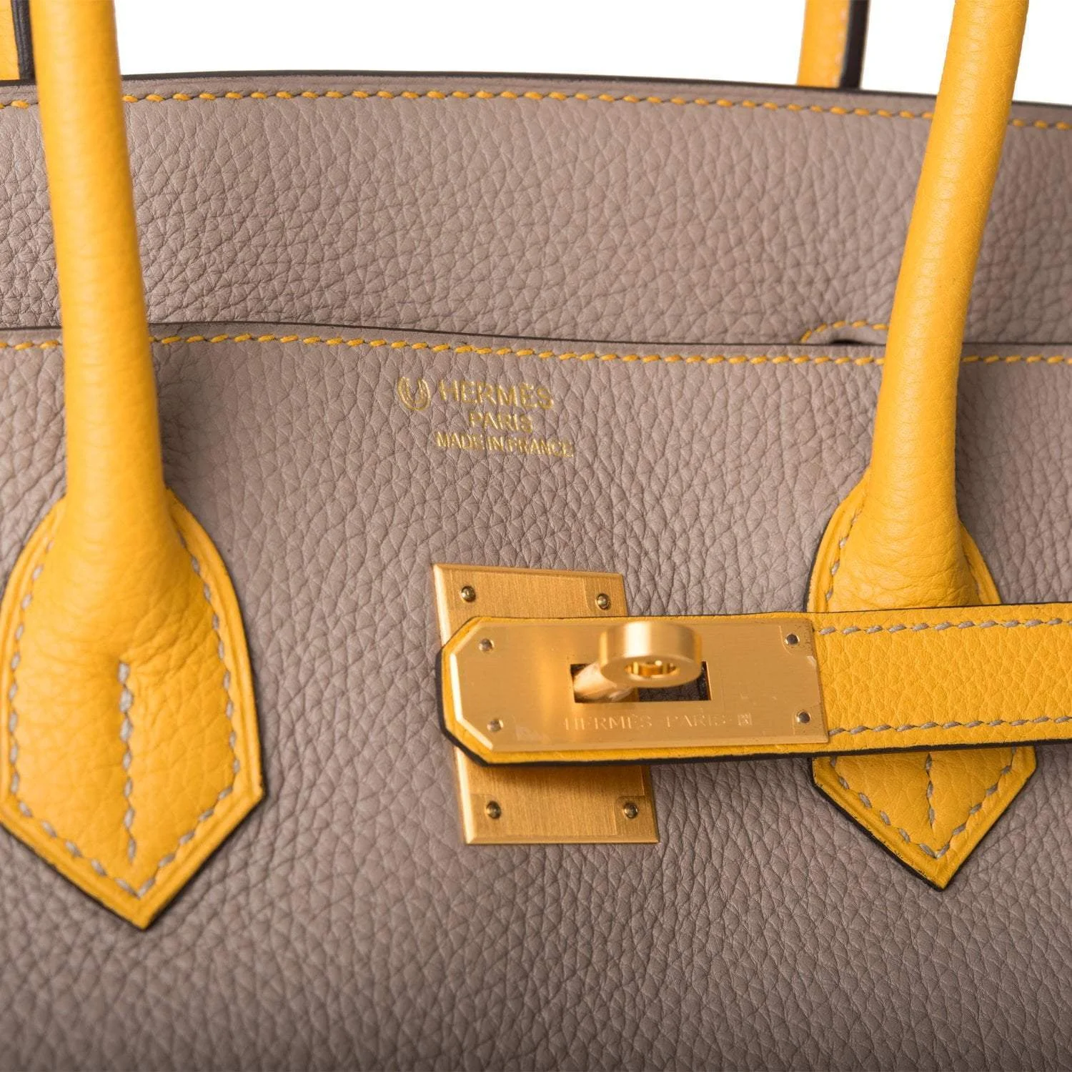 Hermes Birkin 35 Etoupe and Jaune Ambre Togo Brushed Gold Hardware