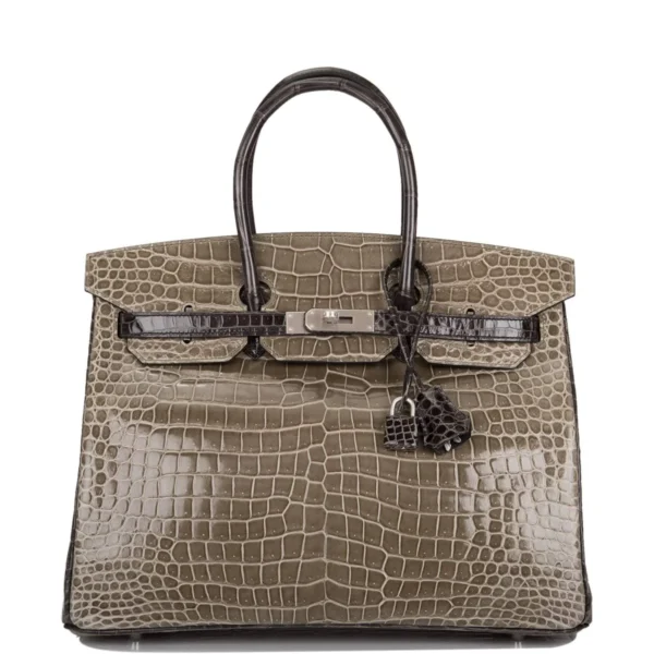 Hermes  Birkin 35cm Bi-Color Gris Tourterelle and Graphite Shiny Porosus Crocodile Brushed Palladium Hardware
