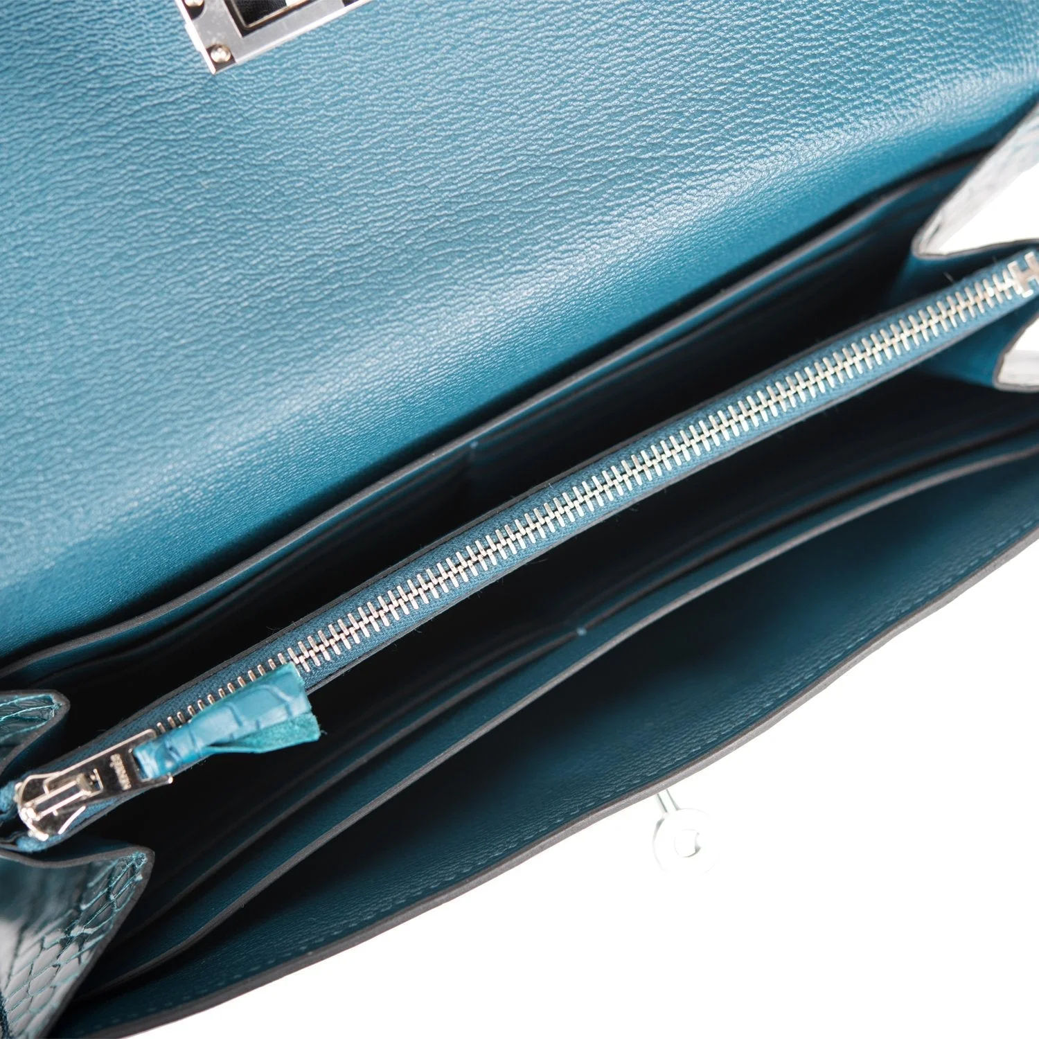 Hermes Kelly Long Wallet Bleu Colvert Alligator Ghillies Palladium Hardware