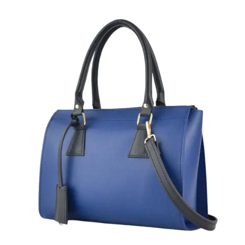 Elegant Blue & Black Faux Leather Handbag with Dual Top Handles