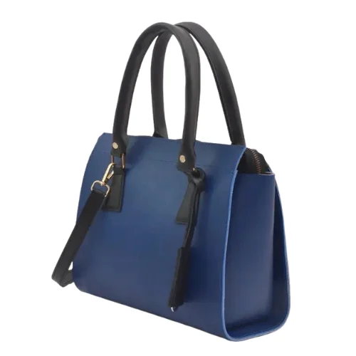 Elegant Blue & Black Faux Leather Handbag with Dual Top Handles