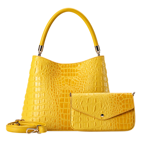 Royather Women's Yellow Croc-Embossed Leather Shoulder Bag with Matching Pouch