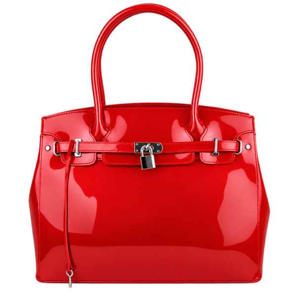 Royather Women's Red Glossy Leather Handbag with Padlock Detail