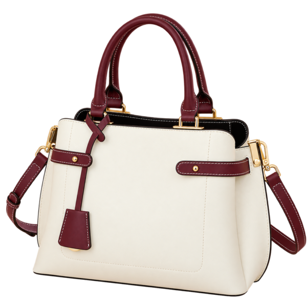 Royather Women's Cream Leather Shoulder Bag with Burgundy Trim