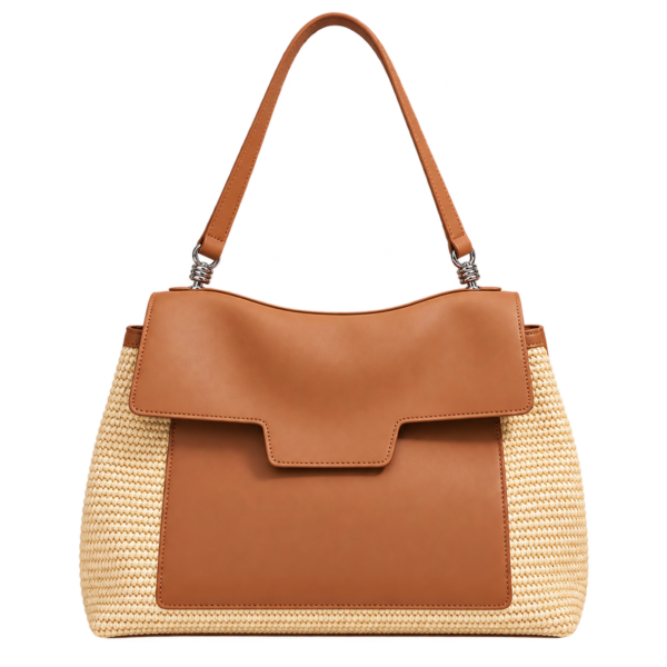 Royather Women's Tan Leather Flap Shoulder Bag with Woven Side Panels